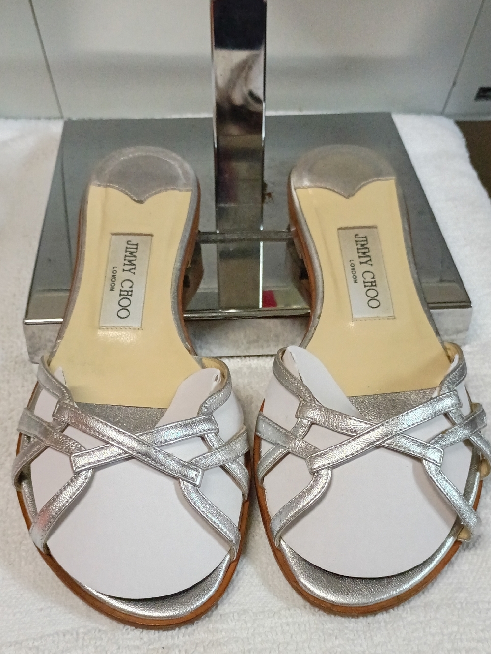 Jimmy Choo White and Silver Leather Cross-Strap Slide Mules